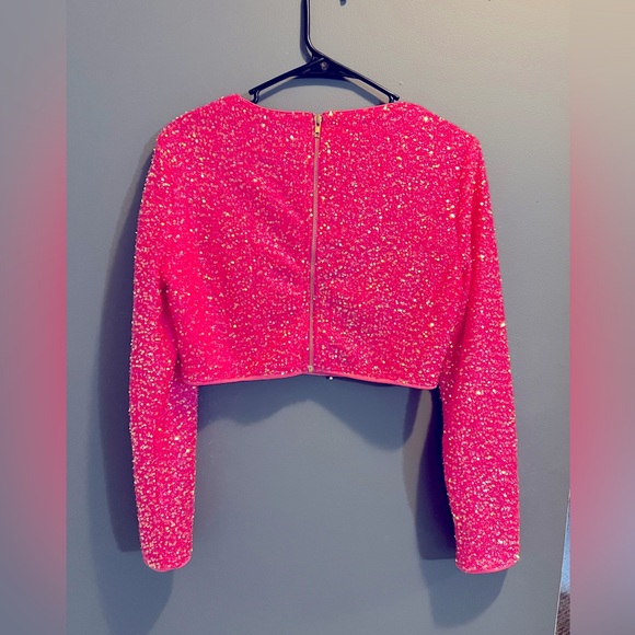 Hot Pink Long Sleeve Sequin Crop Top - Picture 2 of 3